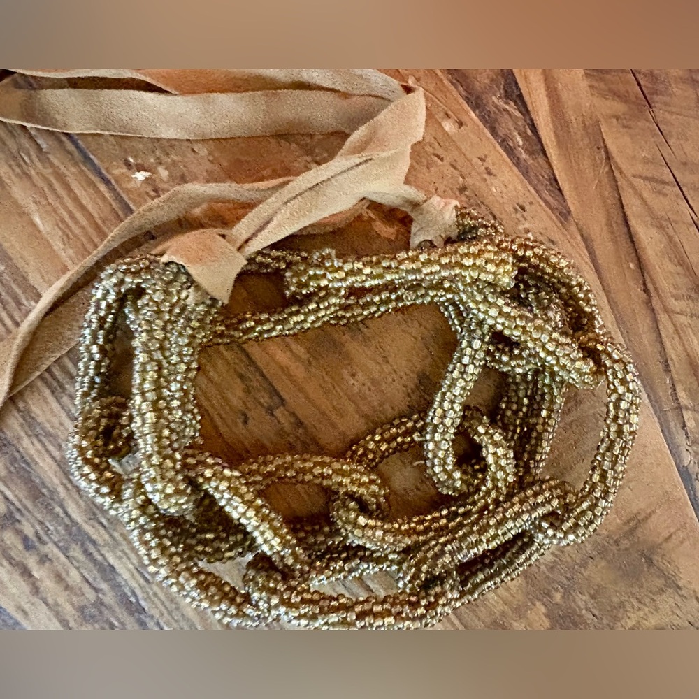 Vintage handmade gold beaded chain necklace / bracelet with suede ties